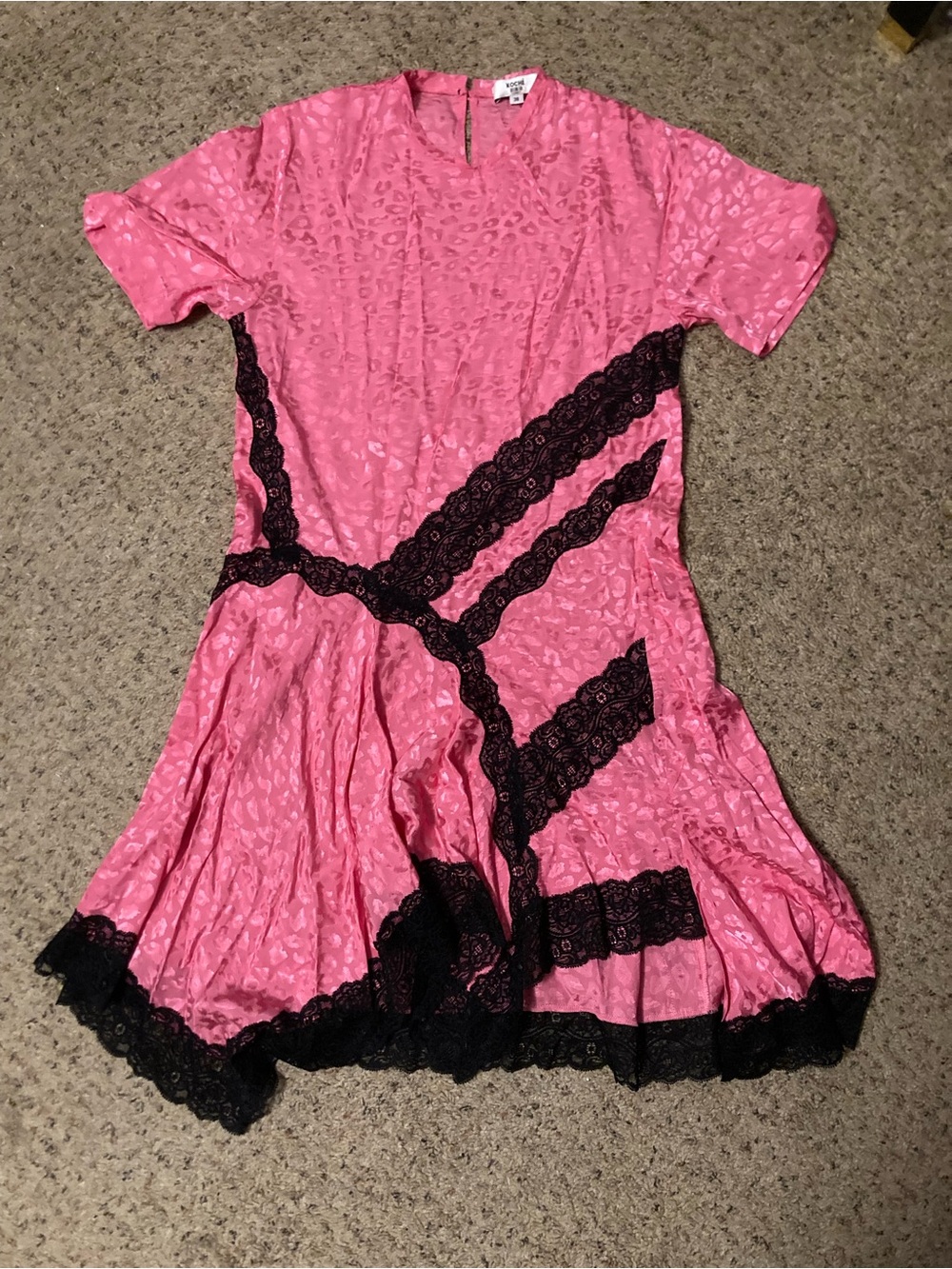 Koche silky pink leopard print black lace handkerchief short sleeve mini dress